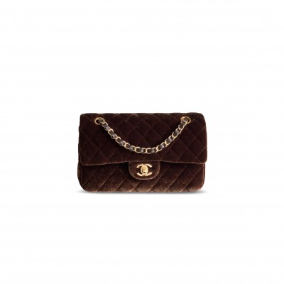 CHANEL SMALL CLASSIC FLAP HANDBAG VELVET & GOLD METAL A01113 (23*14.5*6cm)